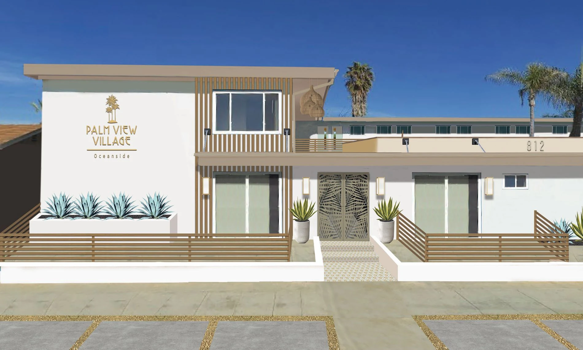 Architectural rendering of the planned Palm View Village Oceanside exterior at 812 Tait Street