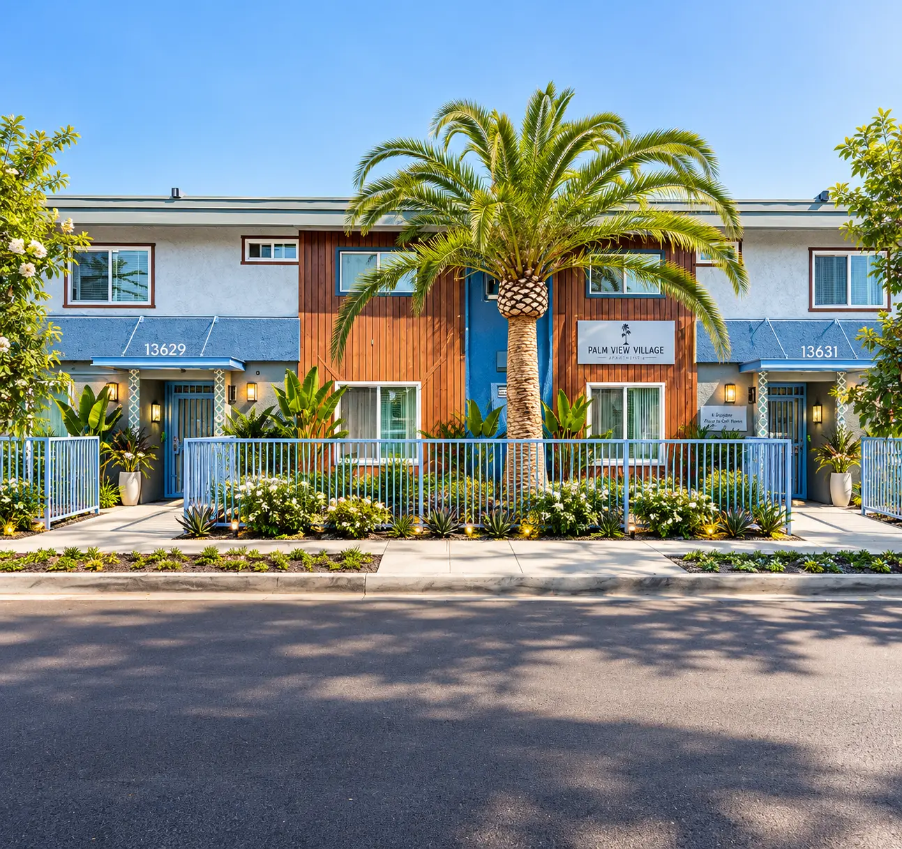 Front exterior of Palm View Village Hawthorne at 13629 Kornblum Avenue
